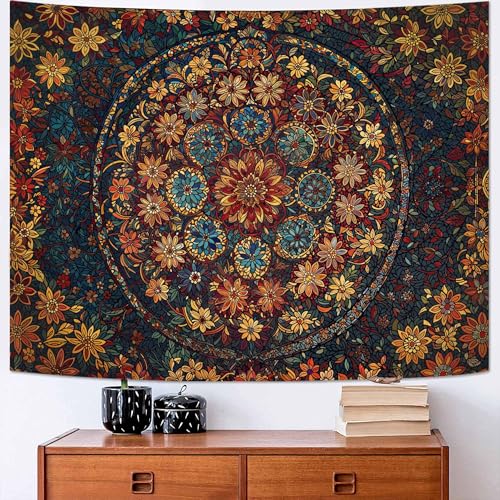 Fowocu Boho Floral Mandala Tapestry Wall Hanging Vintage Bohemian Flower Medallion Tapestry Aesthetic Orange Stained Glass Hippie Small Tapestries for Bedroom Living Room Dorm Decor 48 x 36 Inch - color: Orange Brown, size: 48"L x 36"W