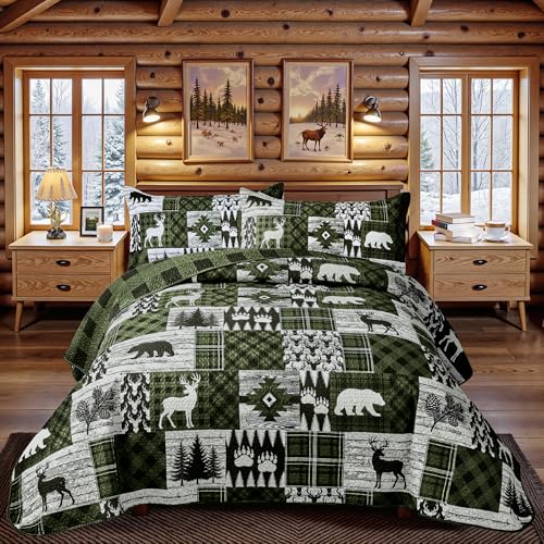 3 Piece Cabin Full/Queen Quilt Sets Farmhouse Rustic Reversible Microfiber Soft Lightweight Bedspread Comforter with 2 Shams Patchwork Country Lodge Bedding Quilts Set for All Season, 90''x96'', Green - color: Bear Dark Green, size: Full/Queen
