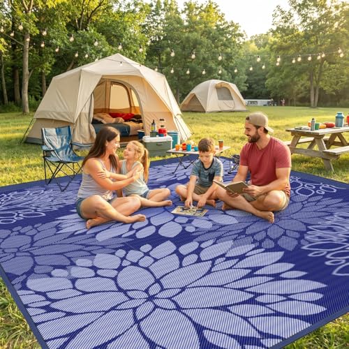 Mattitude Outdoor Rug 6' x 9' Waterproof, Reversible Portable Plastic Straw Area Rugs, Patio Carpet for RV Camping, Porch, Deck, Backyard, Camper, Pool, Picnic, Blue & White - size: 6' x 9' (Rectangular)