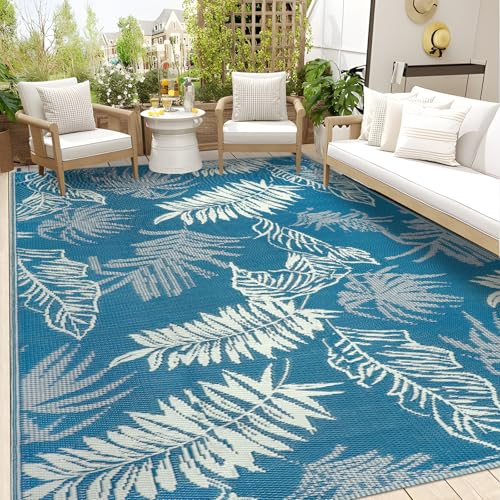 Falflor Outdoor Rug Waterproof 9x12, Reversible Plastic Straw Rug Patio Rug, Large Indoor Outdoor Area Rug Outdoor Carpet for RV Camping Backyard Deck Picnic Balcony Beach - color: Blue, size: 9' x 12'