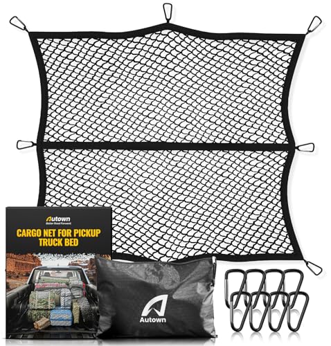 AUTOWN Cargo Net for Pickup Truck Bed - Stretchable 4'x4' to 7'x7', High Elastic Fine Mesh 1''x1'' with 8 Metal Carabiners - Ideal for ATV, SUV, UTV, Truck and Boat Use (Single Layer) - size: Single Layer