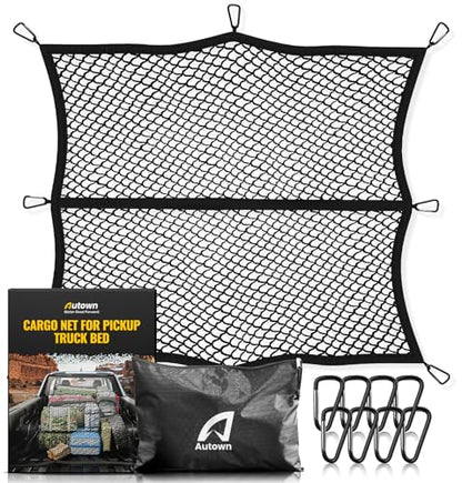 AUTOWN Cargo Net for Pickup Truck Bed - Stretchable 4'x4' to 7'x7', High Elastic Fine Mesh 1''x1'' with 8 Metal Carabiners - Ideal for ATV, SUV, UTV, Truck and Boat Use (Single Layer) - size: Single Layer