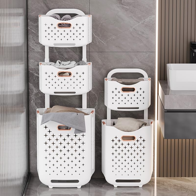 Collapsible Laundry Basket Organizer, 3-Tier Foldable Laundry Sorter with Wheels & Wall Mount, Space-Saving Slim Laundry Hamper with Removable Bins,100L Capacity for Bathroom, Dorm & Small Spaces - size: 3-Tier