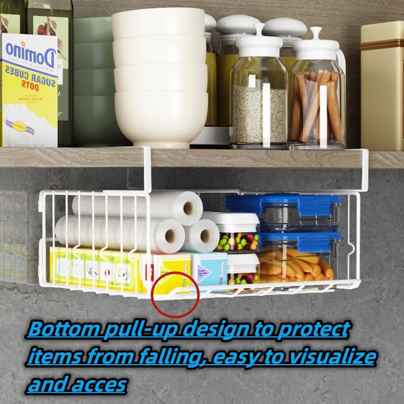 Under Shelf Basket Storage 2Pack - 12.6in Metal Under Cabinet Shelf, Hanging Wire Basket Shelves, Undershelf Storage Basket for Kitchen Pantry Bookshelf - color: White