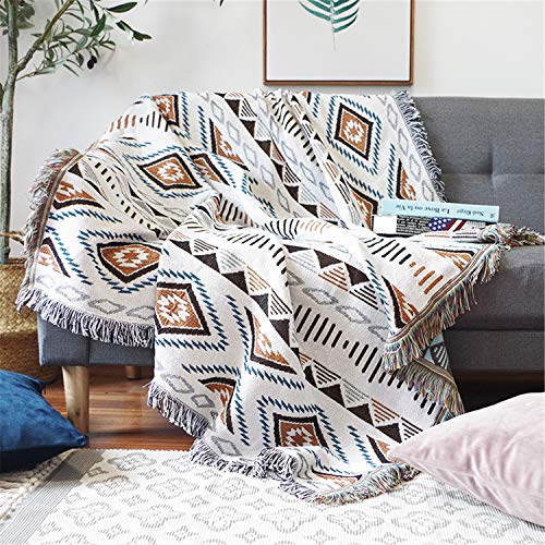 Luxlovery Beige Bohemian Sofa Throw Blankets Ethnic Woven Boho Geometric White and Khaki Throw Blanket for Couch Aztec Bed Throws Oversized Chair Sofa Cover with Tassels(63"x102") - color: Mocha, size: 63"x102",160x260cm