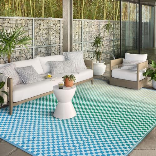 Wonnitar Waterproof 9x12 Outdoor Rug - Blue Yellow Gradient Geometric Patio Rug, Extra Large Plastic Straw Carpet for Balcony Beach Garden Deck, Reversible Outdoor RV Camping Mat - color: Blue-yellow, size: 9' x 12' (Rectangular)