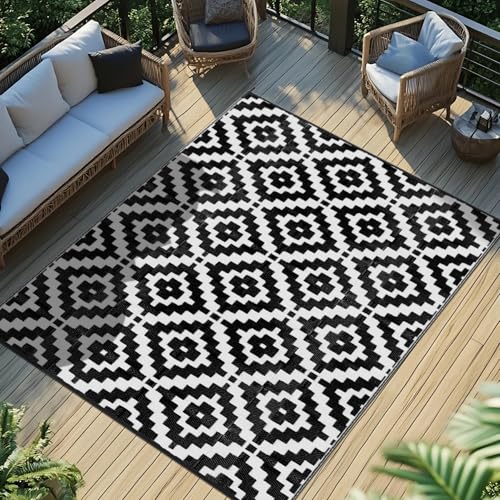 Favoyard Outdoor Rug 5x8 ft Waterproof Reversible Patio Plastic Straw Rugs for Decor Clearance Outside Large RV Camping Area Carpet Mat for Porch Deck Balcony Pool Backyard Picnic Beach Camper Door - color: Black & White, size: 5' x 8' (Rectangular)