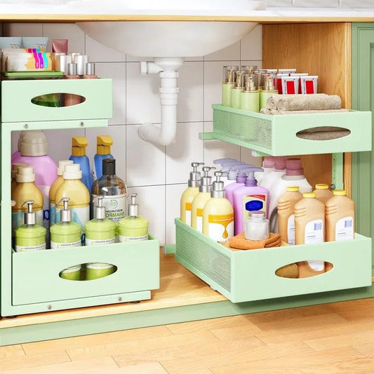 Under Sink Organizer, 2-Pack Pull Out Cabinet Organizer 2 Tier Metal Slide Out Storage Shelf Rack, L-Shaped Adjustable Height,Mesh Sliding Drawer for Kitchen, Bathroom, Laundry, Pantry, Green, XL - color: Green, size: 2-Pack