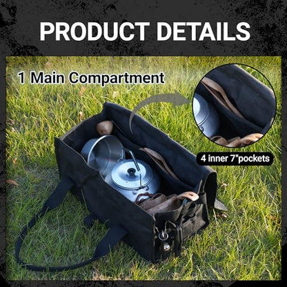 Flip Lid Camping Tool Bag, 15" Multi-Container Storage Soft Case, Water-Resistant Camping Tool Tote for Tent Stakes, Cooking Gear, Cutlery, Utensil, Flatware, Tea Kettle and Tools, Black - color: Black