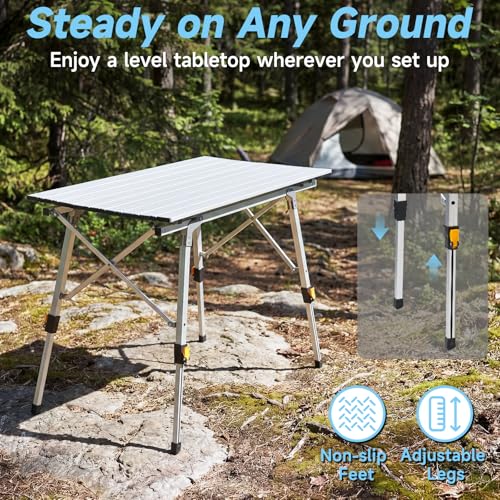 Camping Table Portable Foldable with Adjustable Legs, Aluminum Roll Up Table with Large Mesh Storage Layer & Carrying Bag, Lightweight Outdoor Picnic Table for Camping, Beach, BBQ, Backyard