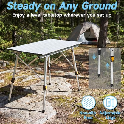 Camping Table Portable Foldable with Adjustable Legs, Aluminum Roll Up Table with Large Mesh Storage Layer & Carrying Bag, Lightweight Outdoor Picnic Table for Camping, Beach, BBQ, Backyard