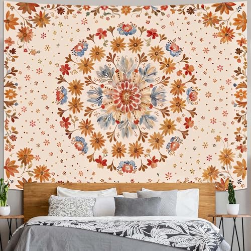 Boho Floral Mandala Tapestry Wall Hanging Watercolor Bohemian Flower Medallion Tapestry Aesthetic Beige Orange Hippie Indian Extra Large Tapestries for Bedroom Living Room Dorm Decor 90 x 68 Inch - color: Beige Orange, size: 90"L x 68"W