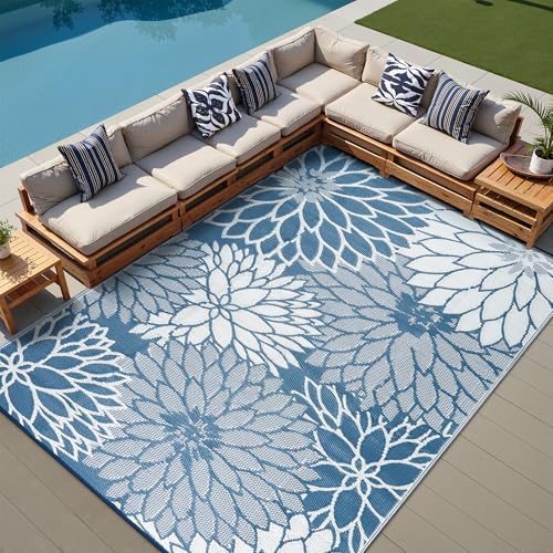 HUGEAR 9'x12' Outdoor Rug Waterproof Plastic Straw Rugs Large Blue Reversible Floral Mat Floor Carpet for Camping RV Deck Entryance Porch Picnic Balcony Beach Backyard - color: Floral/Blue, size: 9' x 12' (Rectangular)