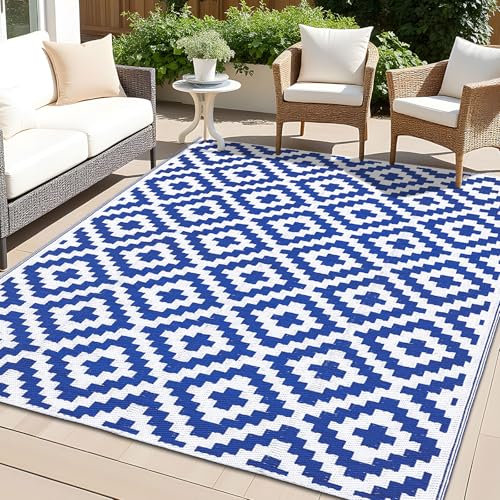 OLANLY Waterproof Outdoor Rug 4x6 ft, Outdoor Plastic Straw Rug for Camping, RV Mat Outside, Outdoor Carpet for Porch, Deck, Backyard, Balcony, Picnic, Blue & White - color: Blue & White, size: 4' X 6' (Rectangular)