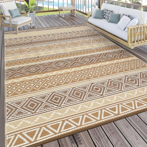 Garvee Outdoor Rug, Outdoor Plastic Straw Rug, Outdoor Rugs 9x12 for Patios Clearance Waterproof Patio Rug, Camping Rugs for Outside Rv, Grey Recyclable Woven Rugs for Yard, Deck,Brown/Tan - color: Brown/Tan, size: 9' x 12' (Rectangular)