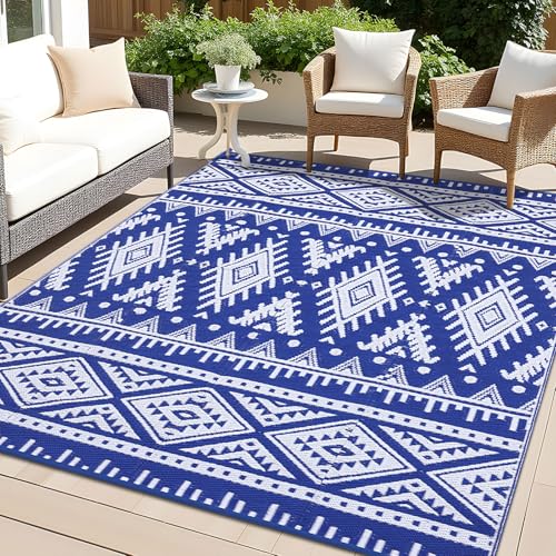 OLANLY Outdoor Rug Waterproof 9x12 ft, Reversible Outdoor Plastic Straw Rug, Boho Patio Rug, Indoor Outdoor Carpet, RV Mat Outside for Patio, Camp, Picnic, Balcony, Deck, Backyard, Blue & White - color: Blue & White, size: 9' X 12' (Rectangular)