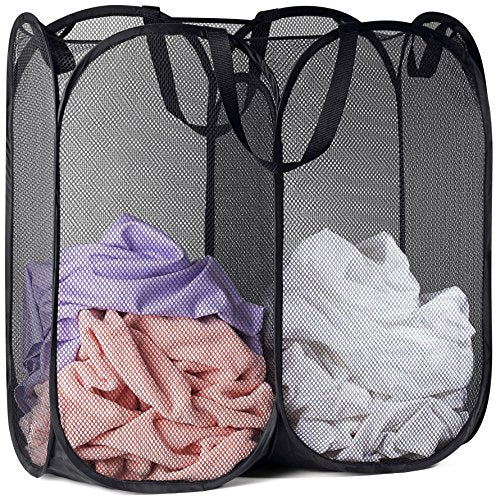Double Laundry Hamper, Pop Up Mesh 2 Section - Handy Laundry Collapsible Divided Hamper, Large 44 Gallon Foldable Basket with Reinforced Handles for College Dorm, Travel, Home, Black - color: Black