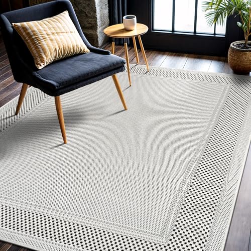 CAMILSON Easy Jute Rug 4x6, Indoor Outdoor Off-White Color Fiber Area Rugs for Living Room Patio and Dining Room Rug, Bordered Boho Woven Design, Easy-Cleaning, Washable Outside Carpet (4 x 6) - color: Bordered/Bone-black, size: 4' x 6' (Rectangular)