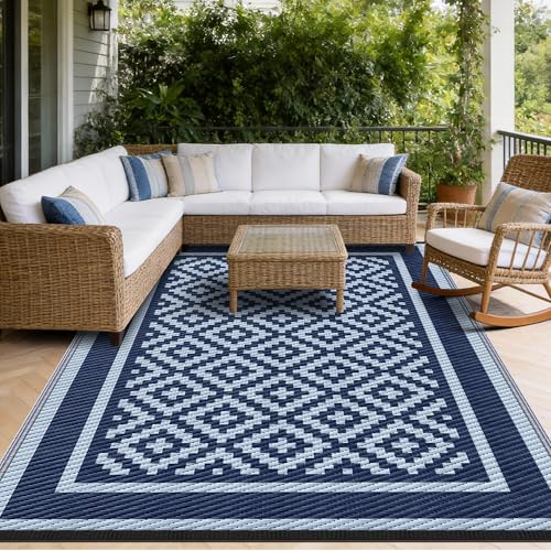 Kohree Outdoor Rug Waterproof 6x9 ft, RV Outdoor Plastic Straw Rug for Patios Clearance,Reversible Area Rug for Camping,Balcony,Deck,Blue - color: Blue(diamond), size: 6' x 9' (Rectangular)