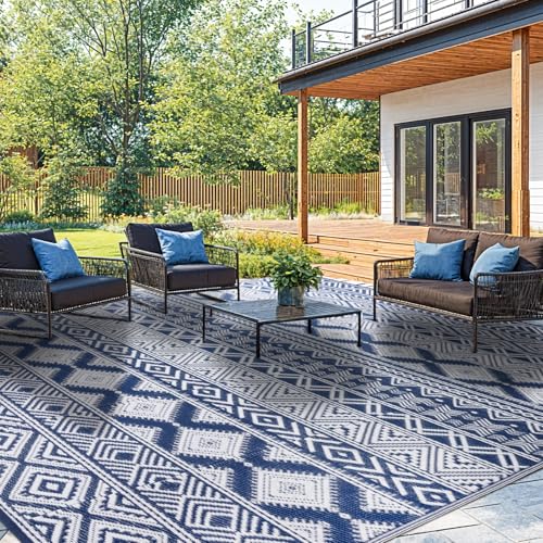 Waterproof Outdoor Rug 8x10 ft, Reversible Plastic Straw Patio Camping Rugs, Outdoor Indoor RV Mat Carpet for Patio, Outside Entry, Backyard, Deck, Bench, Picnic, Camper(8x10,Blue&White) - color: Blue&white, size: 8' x 10' (Rectangular)