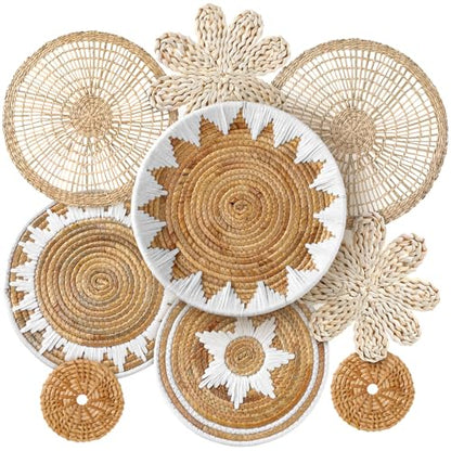 Xuhal 8 Pcs Boho Wall Basket Decor Decorative Bulrush Woven Basket Wall Decor Rustic Farmhouse Hanging Baskets for Kitchen Rustic Home Summer Decorations - style: Flower