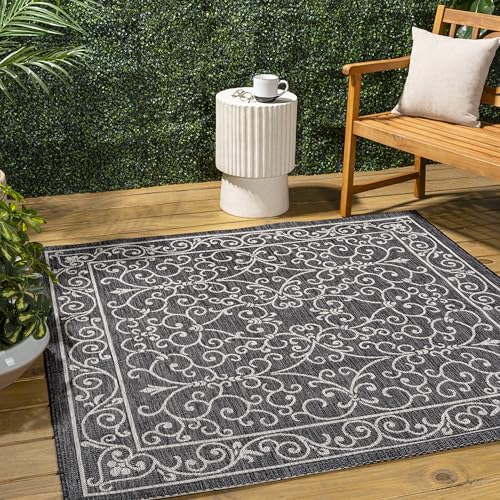 JONATHAN Y Vintage Filigree Indoor Outdoor Square Area Rug 3X3 Black/Gray, Charleston Textured Weave for Backyard, Patio, Porch, Easy-Cleaning, High Traffic, Pet-Friendly, Non-Shedding (SMB106G-3SQ) - color: Black/Gray, size: 3'1" x 3'1" (Square)