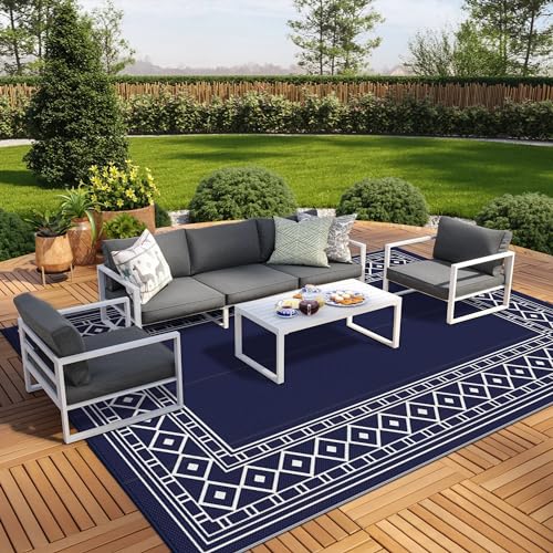 GENIMO Outdoor Rug Waterproof for Patio Decor, 9'x12' Foldable Reversible Plastic Straw Carpet for Travel Trailers, Outside Area Mat for Rv, Deck, Picnic, Porch, Camper, Balcony, Beach, Blue & White - color: Navy Blue & White, size: 9' x 12' (Rectangular)