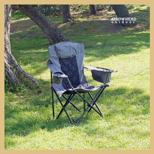 ARROWHEAD OUTDOOR Portable Deluxe Folding Camp Quad Chair w/Headrest, Glass & Cup Holders, Armest 6-can Cooler, Heavy Duty Carry Bag, 550 lbs Weight Capacity - color: Grey
