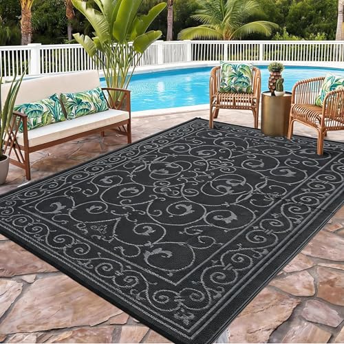 Waterproof Plastic Straw Outdoor Rug 9x18 Patio Reversible UV Resistant Foldable Camping Carpet Vintage Large Outdoor Rugs for Deck, Picnic, Porch, Camper, Balcony, Beach，Black Grey - color: Vintage - Black & Grey, size: 9' x 18' (Rectangular)