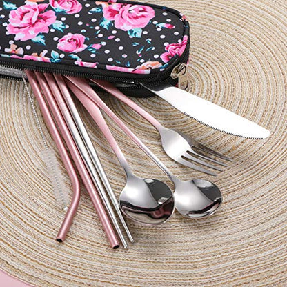 Travel Utensils,Reusable Silverware Set To Go Portable Cutlery Set with a Waterproof Carrying Case for Lunch Boxes Workplace Camping Picnic (GraPink) - color: Gradient Pink + TeaSpoon