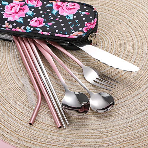 Travel Utensils,Reusable Silverware Set To Go Portable Cutlery Set with a Waterproof Carrying Case for Lunch Boxes Workplace Camping Picnic (GraPink) - color: Gradient Pink + TeaSpoon