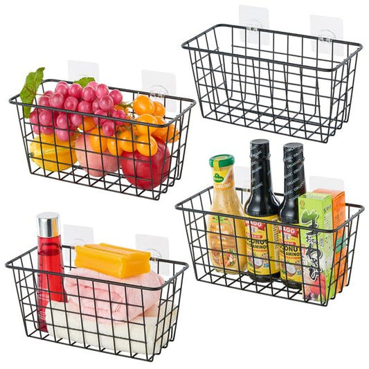 JUNCHU CHERRY 4 Pack Hanging Sorage Basket, Bathroom Basket, Household Goods, with Traceless Tape, no Drilling, for Cabinet Storage, Kitchen, Bathroom, Storage Room,Black - color: 4 Black