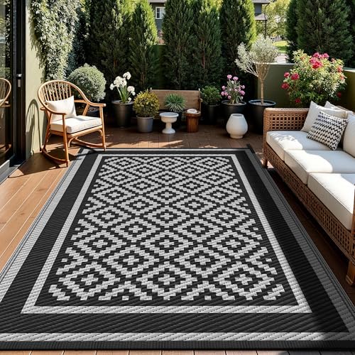 Kohree Outdoor Rug Waterproof 6x9 ft, RV Outdoor Plastic Straw Rug for Patios Clearance,Reversible Area Rug for Camping,Balcony,Deck,Black & Grey - color: Black & Grey(diamond), size: 6' x 9' (Rectangular)