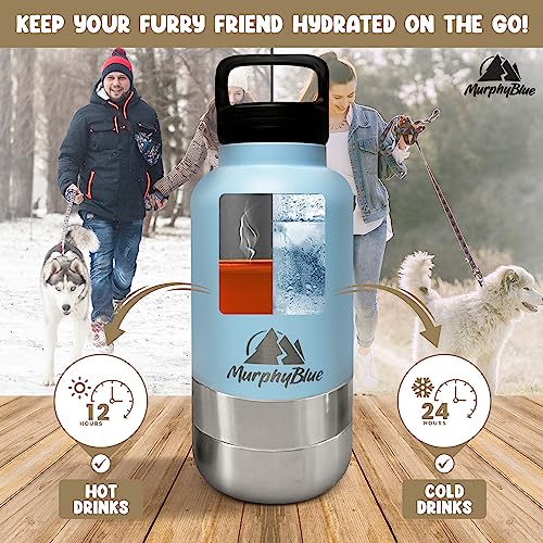 MurphyBlue Dog Water Bottle | 32 oz. Capacity Insulated Stainless Steel, Lid w/Built-in Carabiner, BPA Free Plastic Detachable Bowls, Portable Dog Water Bottles, Travel Bowls for Pets