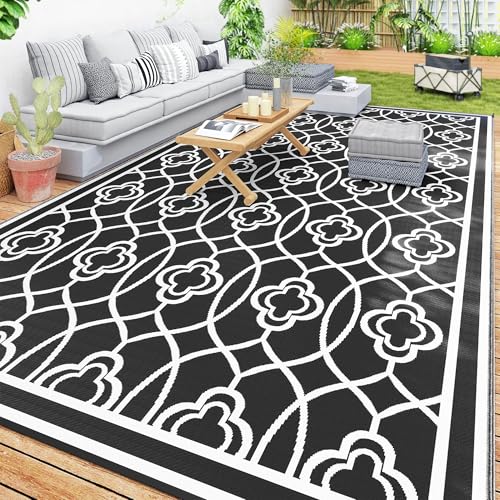 Outsunny Outdoor Rug for Patio, 9' x 18' Waterproof Large Mat, Reversible Plastic Straw Rug for Decor, Portable Outside RV Camping Area Carpet Mat for Backyard Porch Deck Picnic, Black & White Lantern - color: Black and White Lantern, size: 8'11" x 17'11"