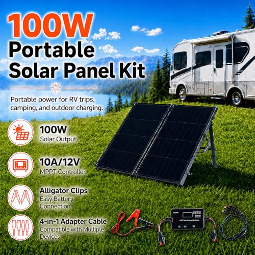 100W Portable Foldable Solar Panel Suitcase with 10A/12V MPPT Controller & 4-in-1 Adapter Cable, 25% High-Efficiency Solar Panel Charger for Portable Power Stations & 12V Batteries