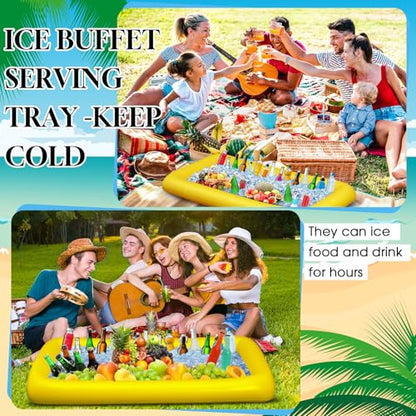 Leitee 5 Pcs Inflatable Serving Bar Kit Includes Salad Buffet Tray with Drain Plug Mesh Food Cover Food Drink Containers and Inflator for Ice Supplies Summer Party Camping Picnic(Yellow) - color: Yellow