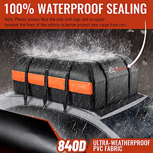 Car Rooftop Cargo Carrier Bag, 21 Cubic Feet 100% Waterproof Heavy Duty 840D Car Roof Bag for All Vehicle with/Without Racks - Anti-Slip Mat, 6 Door Hooks, Storage Bags, 2 Extra Straps, Luggage Lock - size: Black-21 Cubic Feet