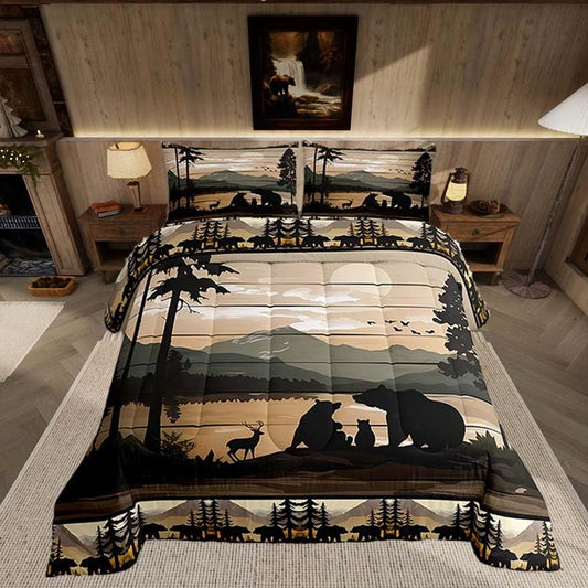 Feelyou Retro Bear Family Bedding Set Wild Animal Hunt Comforter Set for Kids Boys Girls Rustic Farmhouse Comforter Retro Cabin Quilt Set Bedroom Collection 3Pcs Queen Size - color: Black Green Brown, size: Queen