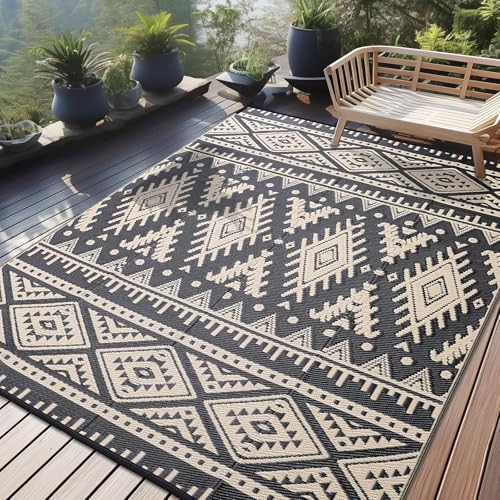 OLANLY Outdoor Rug Waterproof 9x18 ft, Reversible Outdoor Plastic Straw Rug, Boho Patio Rug, Indoor Outdoor Carpet, RV Mat Outside for Patio, Camp, Picnic, Balcony, Deck, Backyard, Black & Beige - color: Black & Beige, size: 9' X 18' (Rectangular)