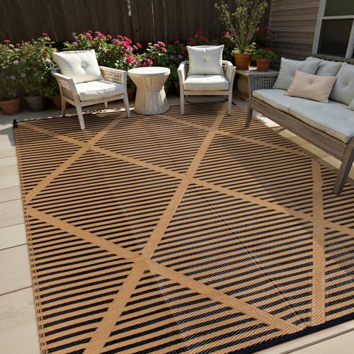 Lahome Outdoor Rug 8x10 Patio Waterproof, Plastic Straw Reversible Rv Outdoor Rugs for Camping, Large Indoor Outdoor Carpet for Porch Deck Backyard Camper Picnic, Brown 8'x10' - color: Brown, size: 8' x 10' (Rectangular)
