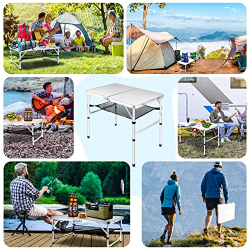 Medium Folding Table, 35" x 24" Portable Camping Table with 2 Adjustable Height Max 28", 3FT Foldable Table with Storage Net, White Metal Table for Patio, BBQ, Camping and Backpacking - size: M[35"*24"*28"]