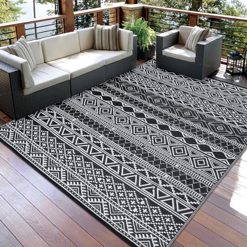 Garvee Outdoor Rug, Outdoor Plastic Straw Rug, Outdoor Rugs 9x12 for Patios Clearance Waterproof Patio Rug, Camping Rugs for Outside Rv, Grey Recyclable Woven Rugs for Yard, Deck, Black + White - color: Black + White, size: 9' x 12' (Rectangular)