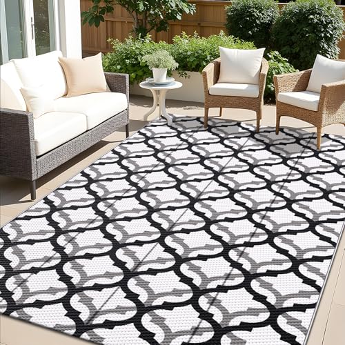 OLANLY Reversible Outdoor Rug 5x8 ft Clearance, Waterproof Outdoor Plastic Straw Rug with Interlacing Pattern, RV Mat for Patio, Camping, Balcony, Deck, Backyard, Black & White - color: Black & White, size: 5' X 8' (Rectangular)
