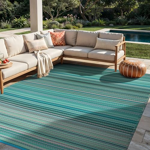 Rugshop Contemporary Stripe Reversible Crease-Free Waterproof Premium Recycled Plastic Outdoor Rugs for Patio,Backyard,RV,Deck,Picnic,Trailer,Beach,Camping Blue 7'10" x 10' - size: 7'10" x 10' (Rectangular)