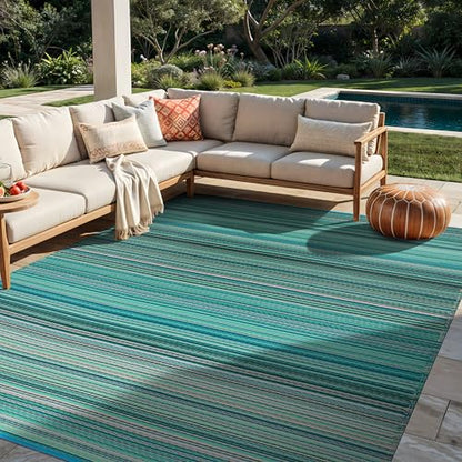 Rugshop Contemporary Stripe Reversible Crease-Free Waterproof Premium Recycled Plastic Outdoor Rugs for Patio,Backyard,RV,Deck,Picnic,Trailer,Beach,Camping Blue 5' x 7' - size: 5' x 7' (Rectangular)