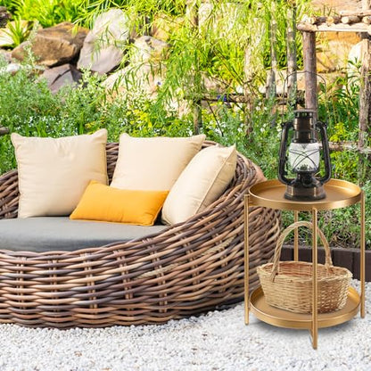 danpinera 2-Tier End Table, Outdoor Side Table Metal Round Side Table with Removable Tray, Small Folding Accent Table, Anti-Rust Nightstand for Bedroom Balcony Patio Living Room (Gold) - color: Gold