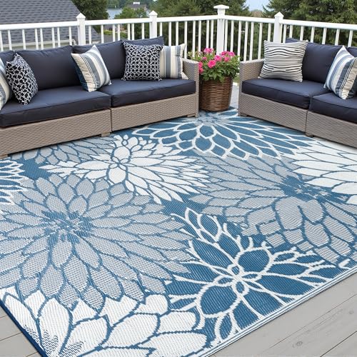 HUGEAR 5'x8' Outdoor Rug Waterproof Plastic Straw Rugs Blue Reversible Floral Mat Floor Carpet for Camping RV Deck Entryance Porch Picnic Balcony Beach Backyard - color: Floral/Blue, size: 5' x 8' (Rectangular)