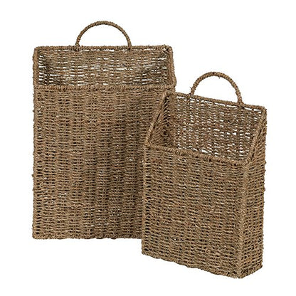 Rectangular Wicker Hanging Baskets, Set of 2, Small and Large, Handwoven Seagrass, Durable Metal Wire Frame, Multipurpose and Contemporary, Perfect for Organizing Newspapers, Mail and More, Natural