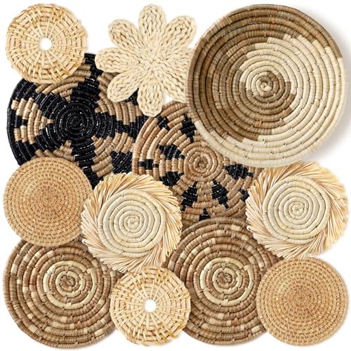 11 Pcs Boho Hanging Wall Basket Decor Handmade Woven Basket Wall Decorative Boho Wicker Baskets Placemats Round Farmhouse Bulrush Art for Rustic Home Decorations Christmas Gift(Rustic) - style: Rustic